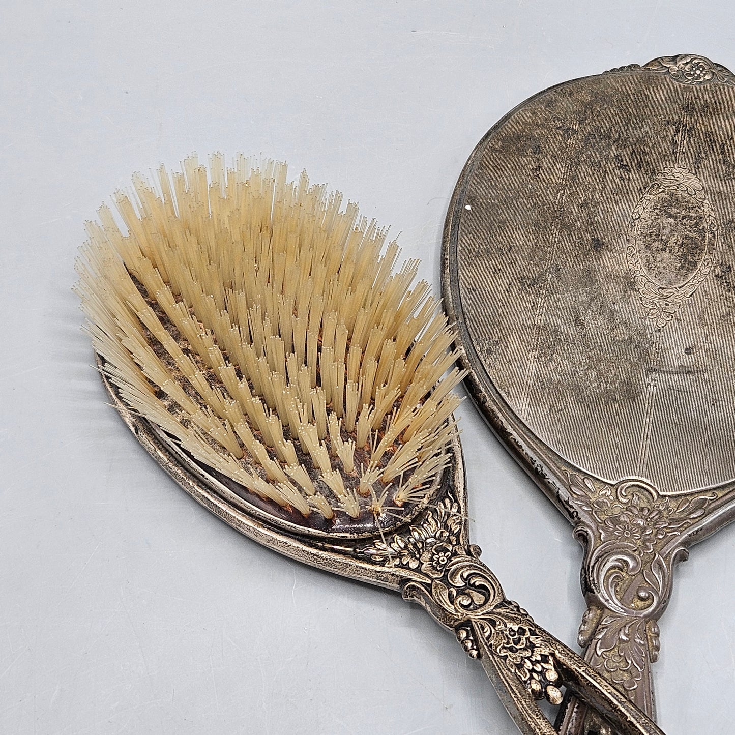 Vintage Art Nouveau Silver Floral Hand Held Mirror & Brush