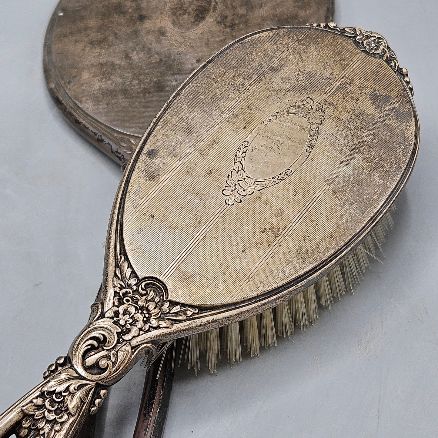 Vintage Art Nouveau Silver Floral Hand Held Mirror & Brush