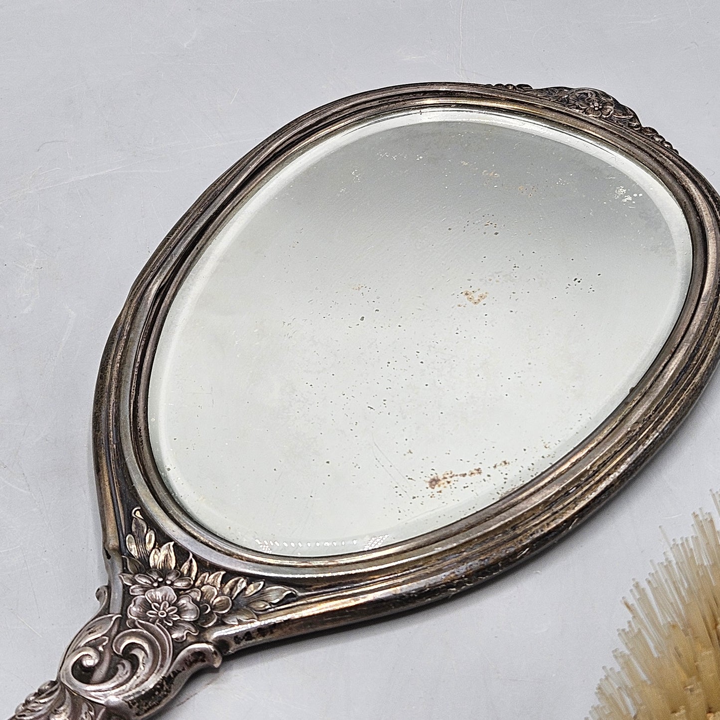 Vintage Art Nouveau Silver Floral Hand Held Mirror & Brush