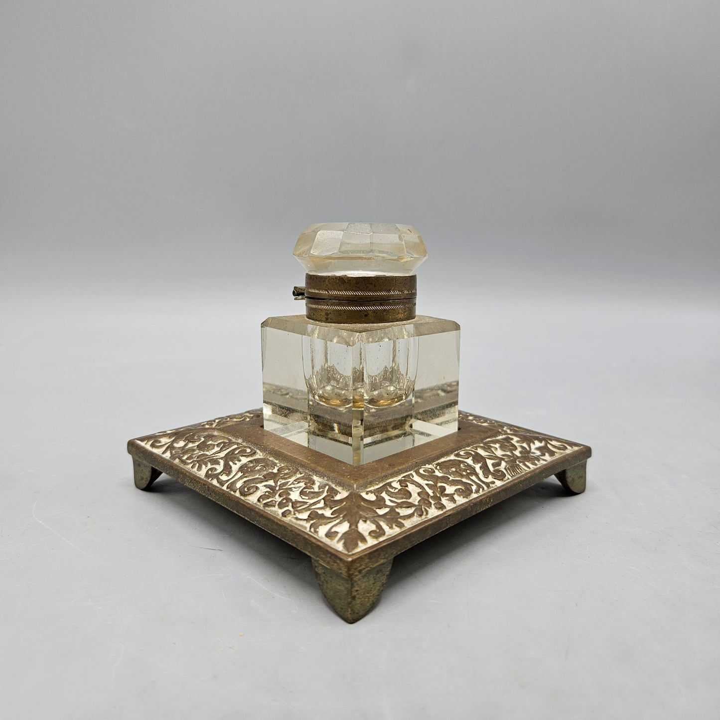 Vintage Brass and Crystal Floral Etched Inkwell