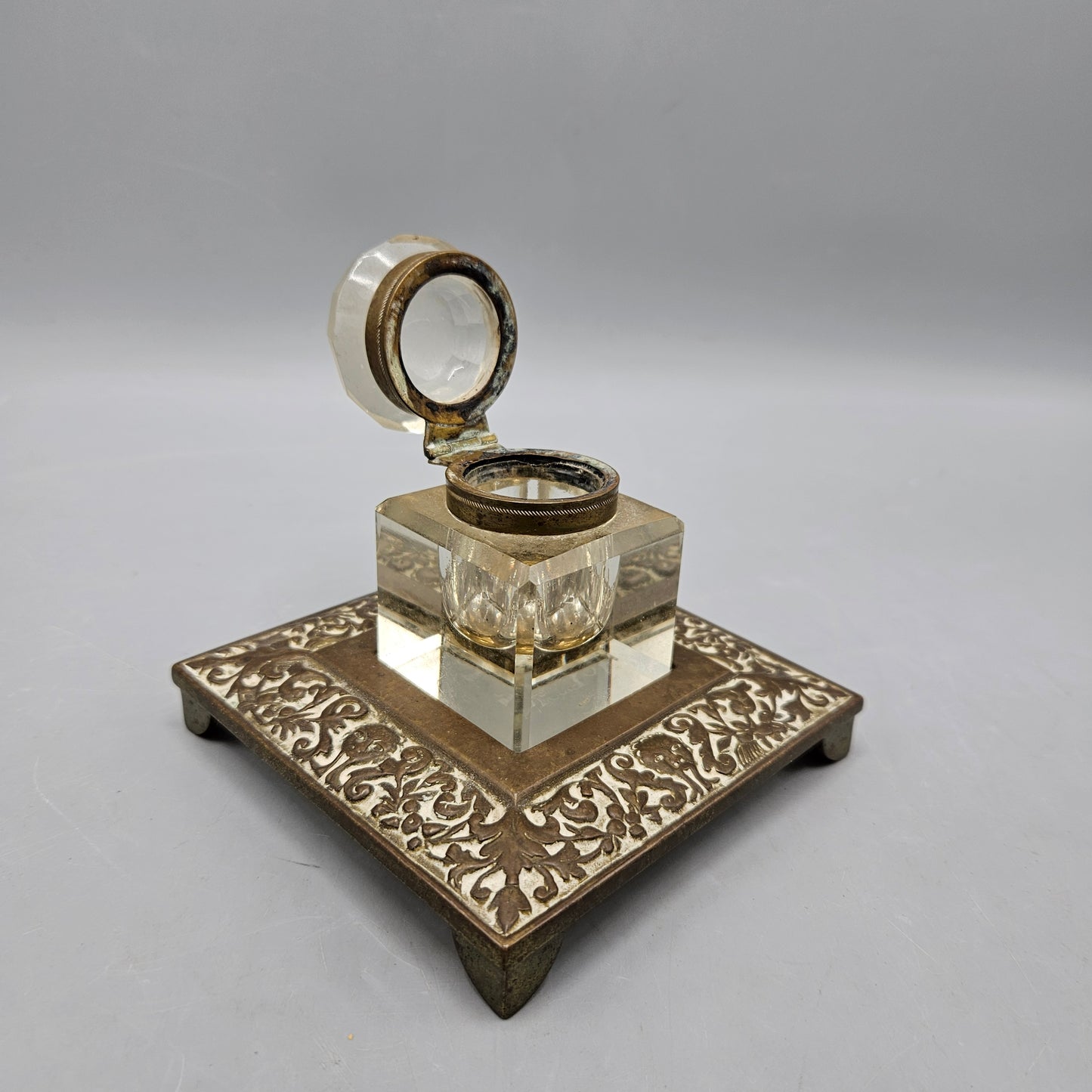 Vintage Brass and Crystal Floral Etched Inkwell