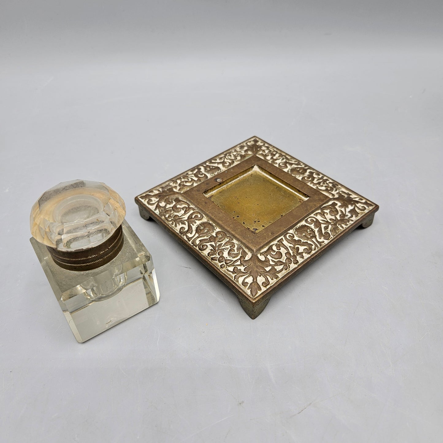 Vintage Brass and Crystal Floral Etched Inkwell