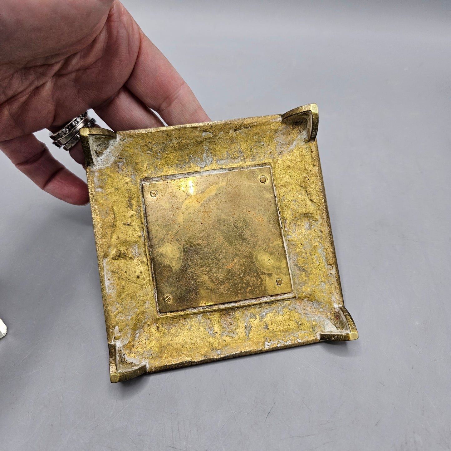 Vintage Brass and Crystal Floral Etched Inkwell