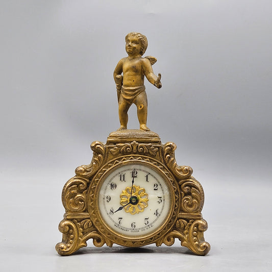 Antique Gilt Ormolu Metal Clock by Waterbury Clock Co USA with Cherub