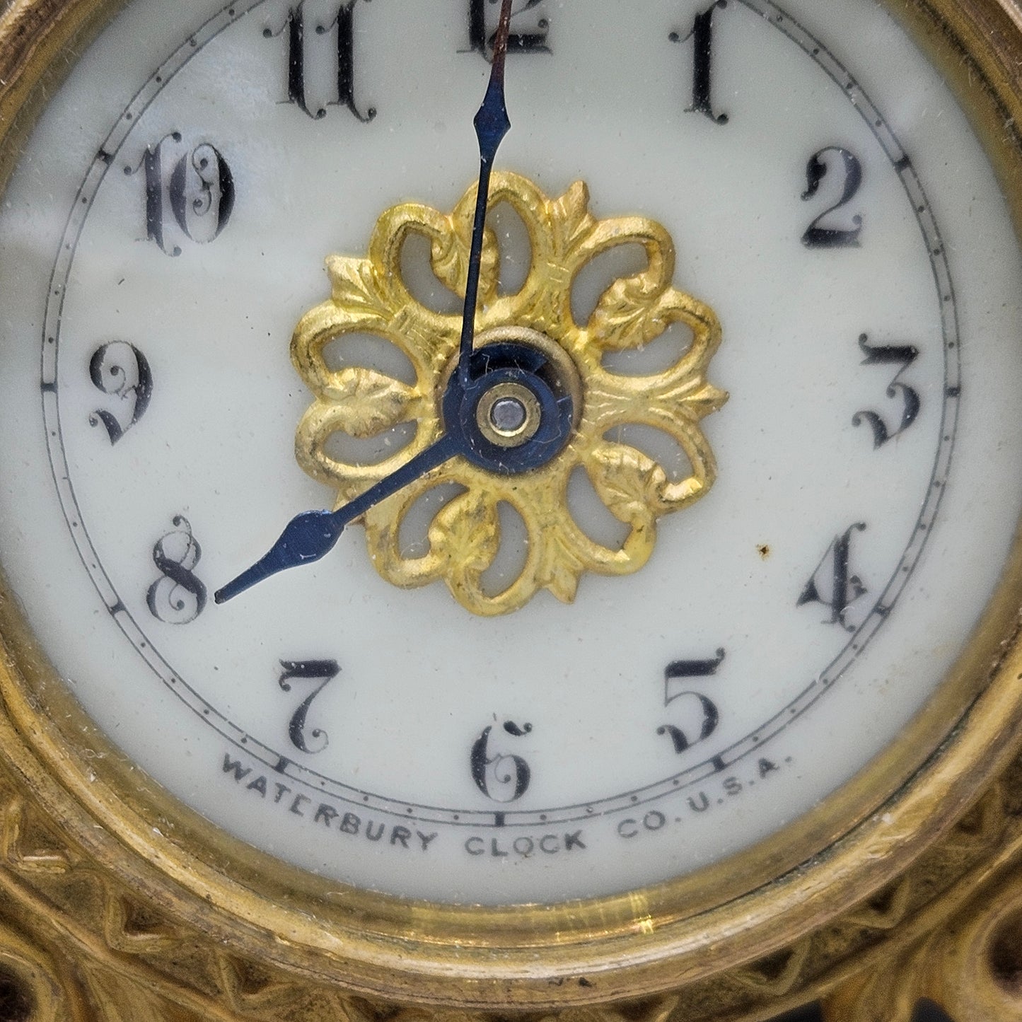 Antique Gilt Ormolu Metal Clock by Waterbury Clock Co USA with Cherub