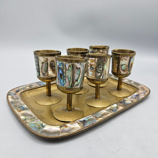 Vintage Brass & Abalone Inlay Tray Set with 6 Pedestal Glasses