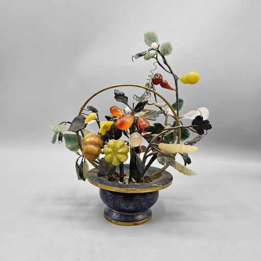 Vintage Chinese Cloisonné Flower Basket with Stone Flowers