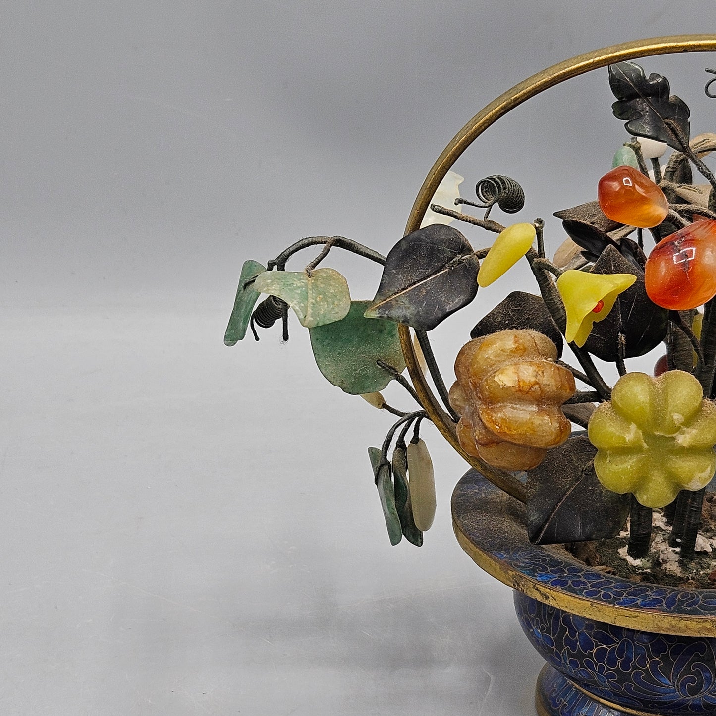 Vintage Chinese Cloisonné Flower Basket with Stone Flowers