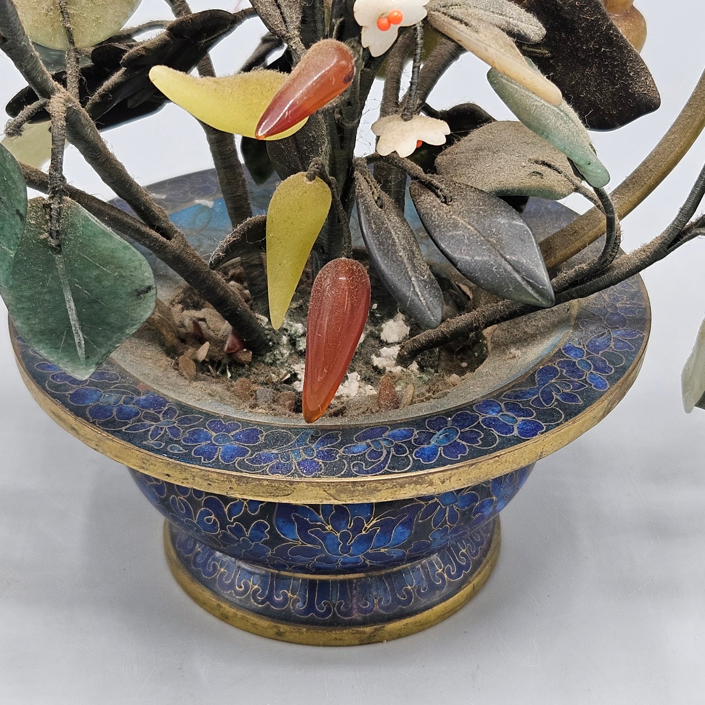 Vintage Chinese Cloisonné Flower Basket with Stone Flowers