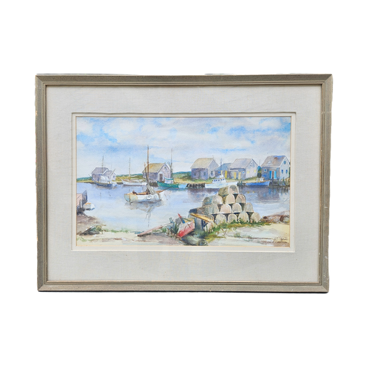 Vintage Signed Watercolor on Paper of Fishing Village with Lobster Traps