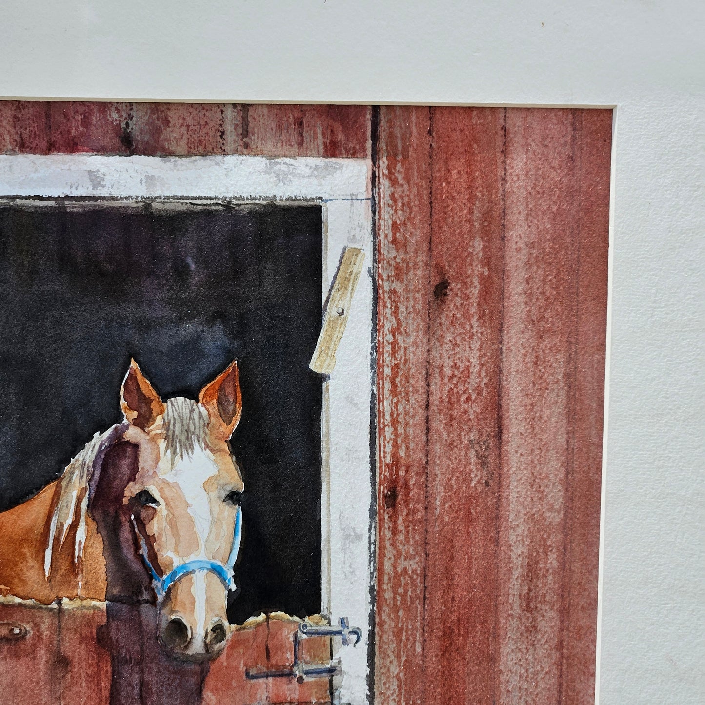 Wonderful Gleanna Lauge Signed Watercolor Painting on Paper of Horse in Red Barn