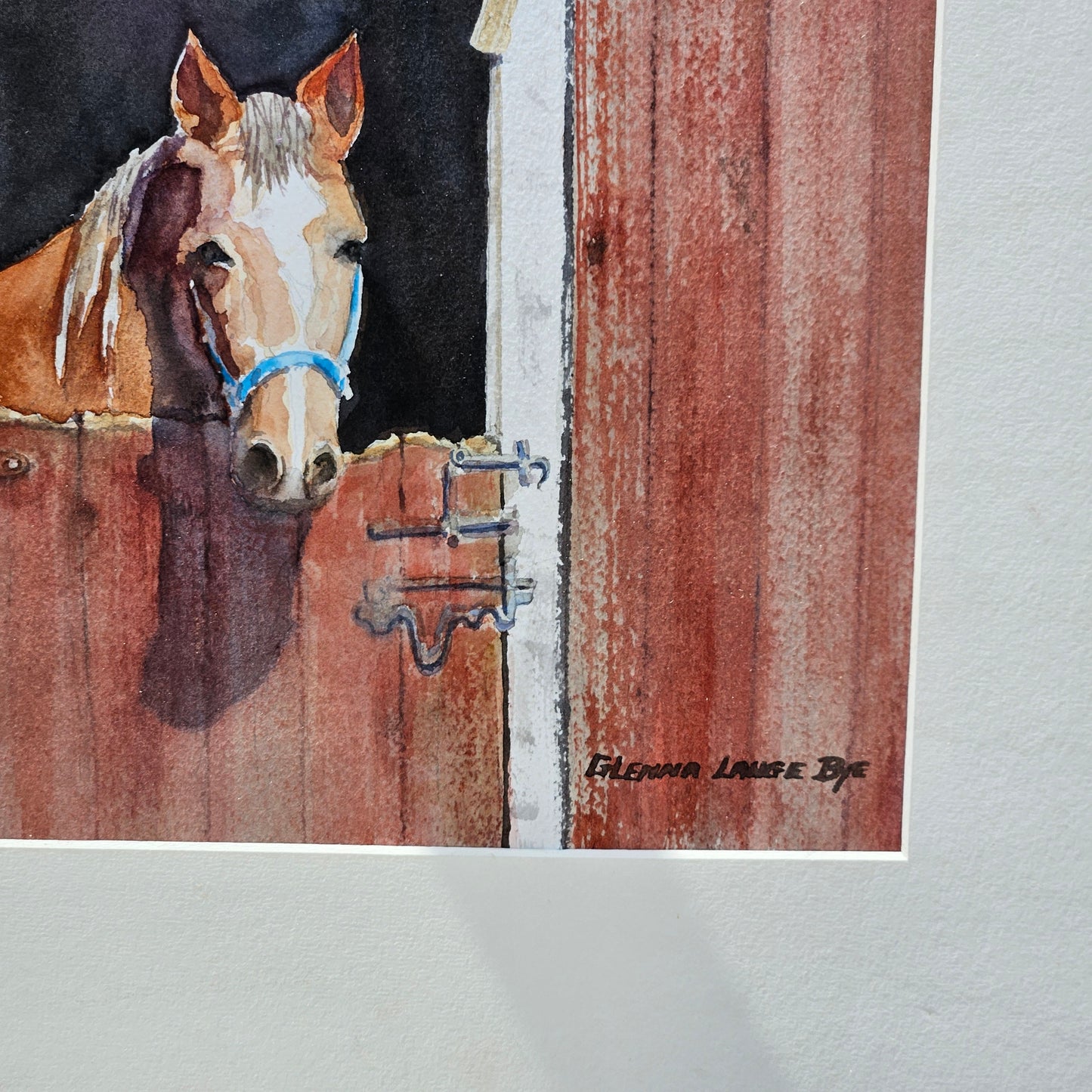 Wonderful Gleanna Lauge Signed Watercolor Painting on Paper of Horse in Red Barn