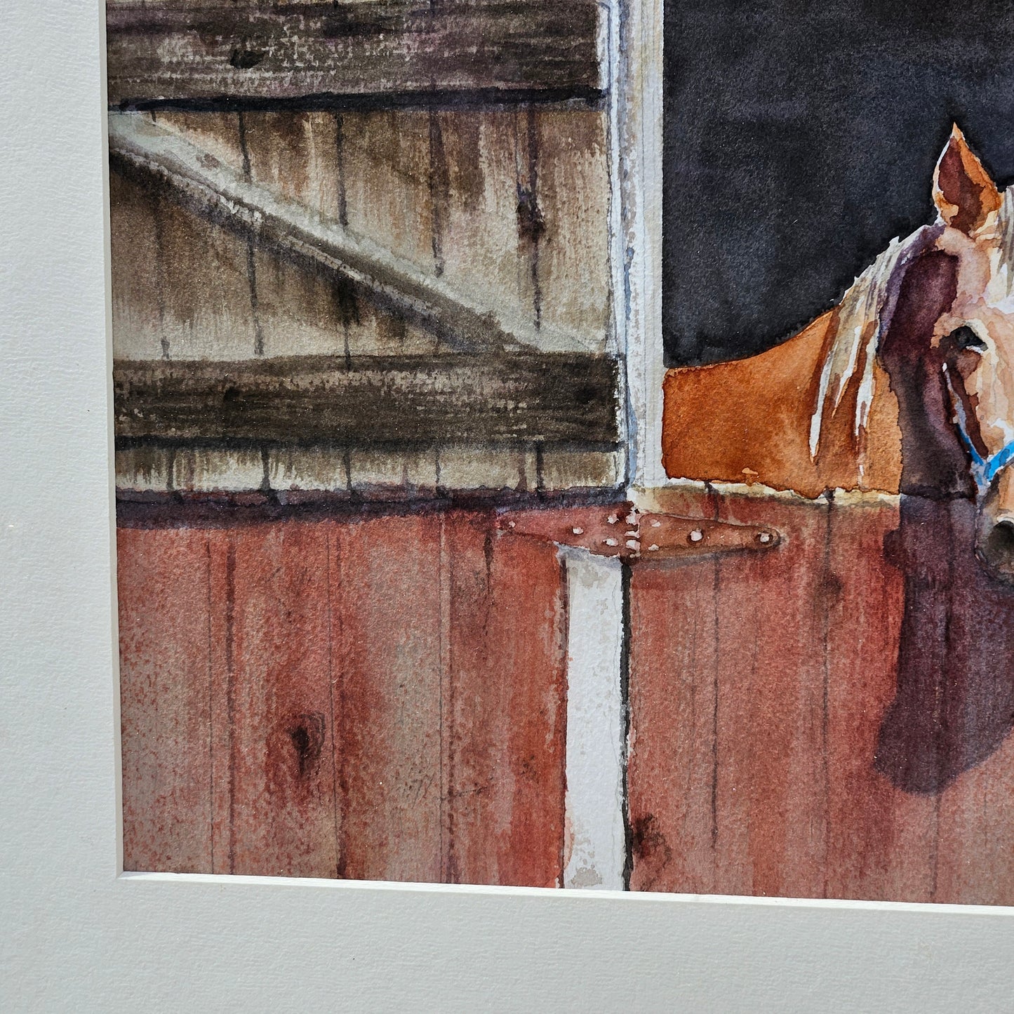 Wonderful Gleanna Lauge Signed Watercolor Painting on Paper of Horse in Red Barn