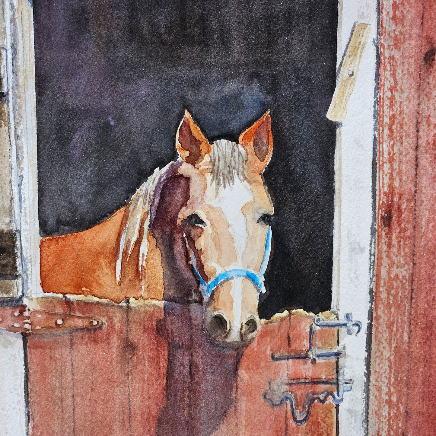 Wonderful Gleanna Lauge Signed Watercolor Painting on Paper of Horse in Red Barn