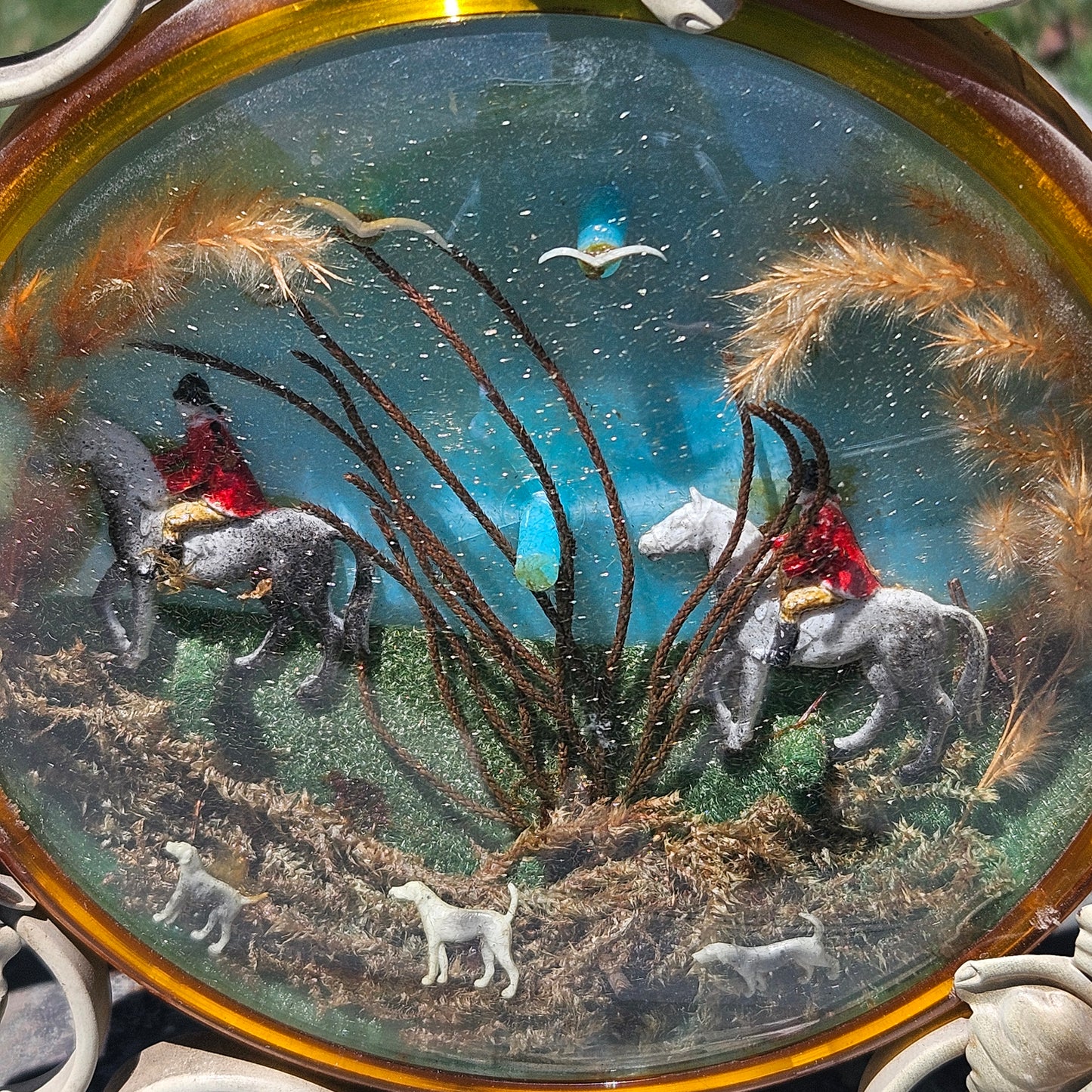 Unique Vintage Diorama of Fox Hunting Scene in Metal Frame