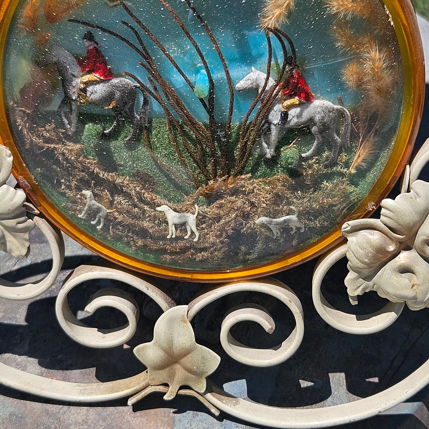 Unique Vintage Diorama of Fox Hunting Scene in Metal Frame