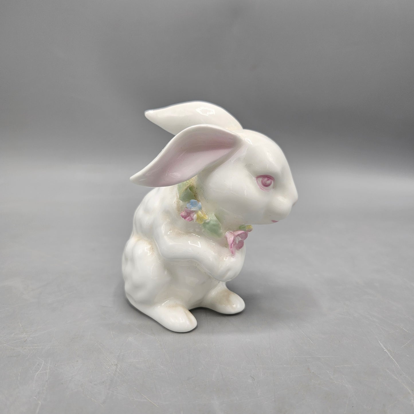 White Porcelain Belleek Style Bunny Rabbit with Floral Garland Figure