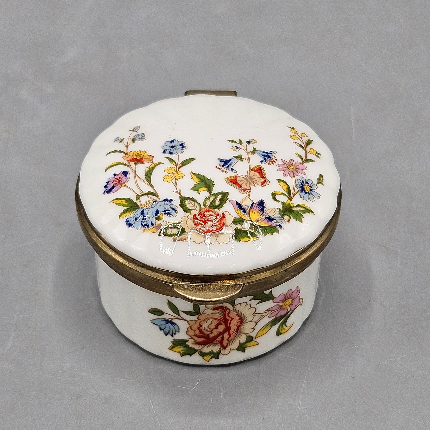 Round Aynsley Bone China Cottage Garden Metal-Mounted Porcelain Box