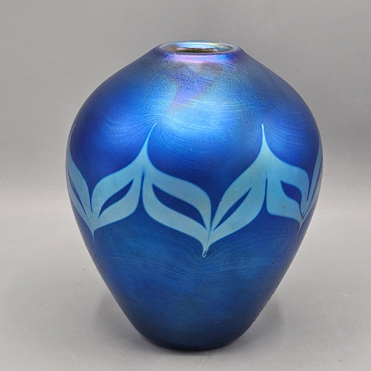 1985 Carl Radke Phoenix Art Glass Blue Pulled Feather Vase