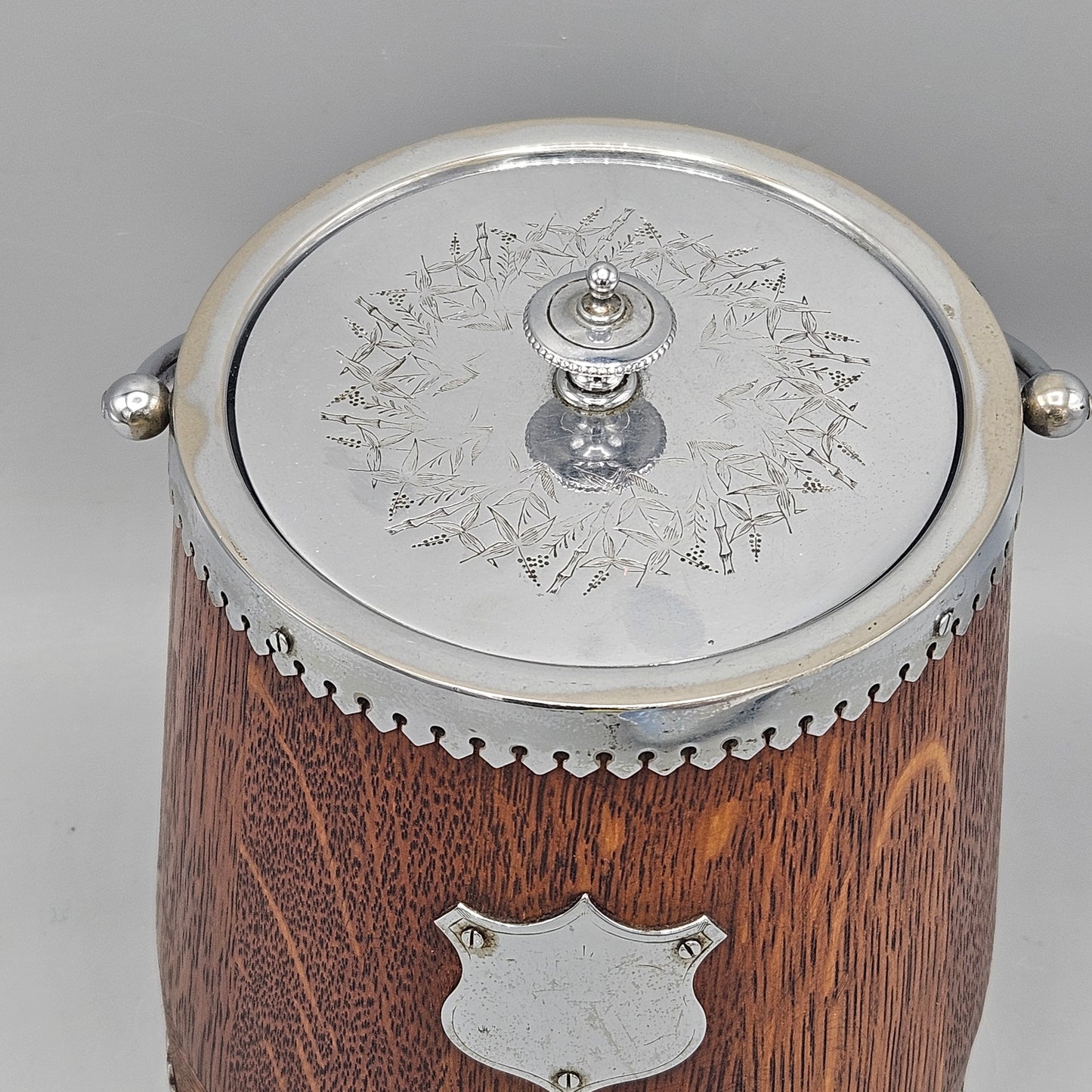 Antique English Daniel & Arter Silverplate & Oak Biscuit Barrel with Music Box