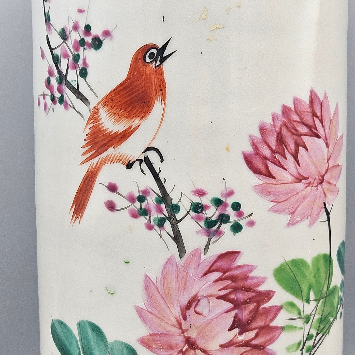 Vintage Chinese Porcelain Cylinder Vase with Hand-Painted Birds & Flowers