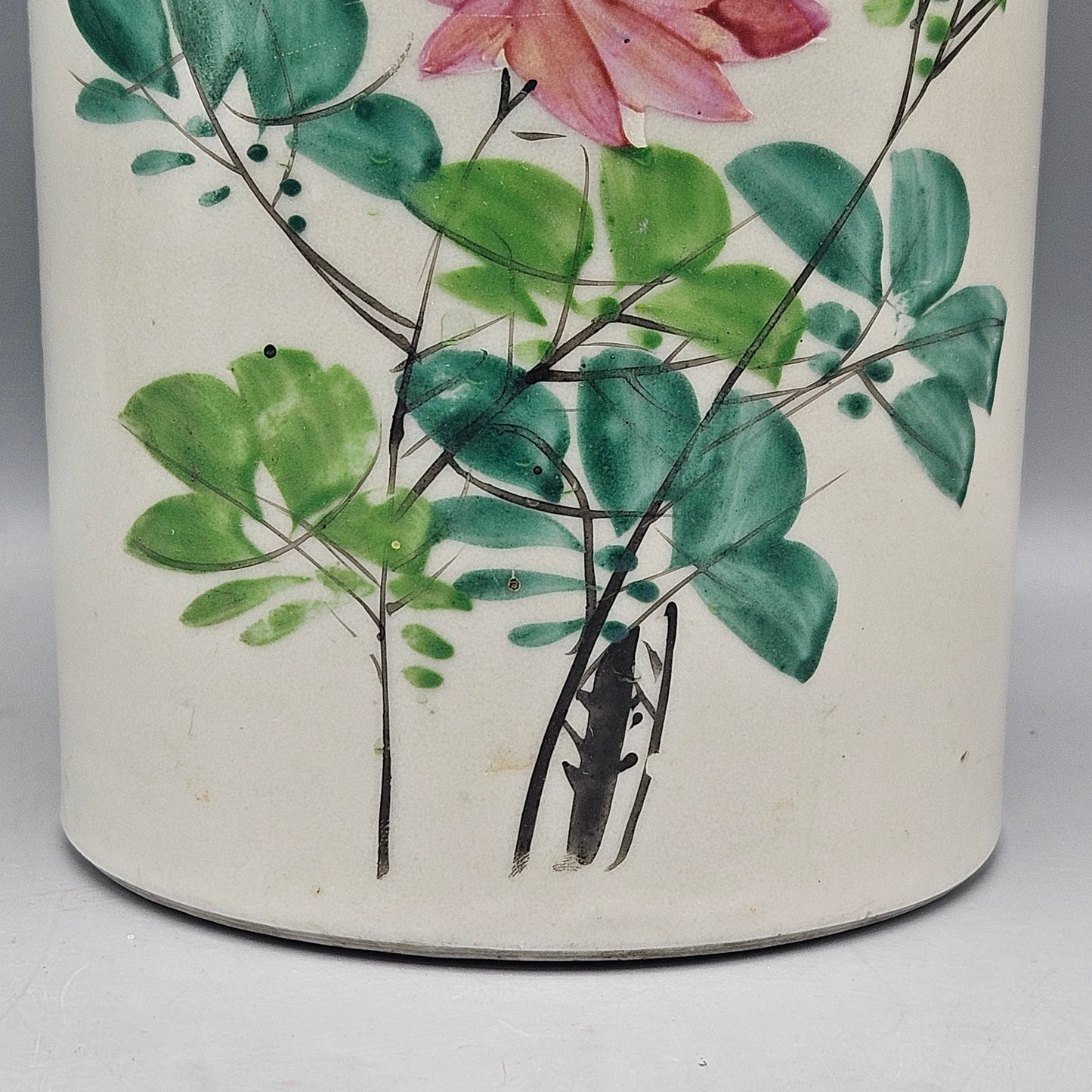 Vintage Chinese Porcelain Cylinder Vase with Hand-Painted Birds & Flowers