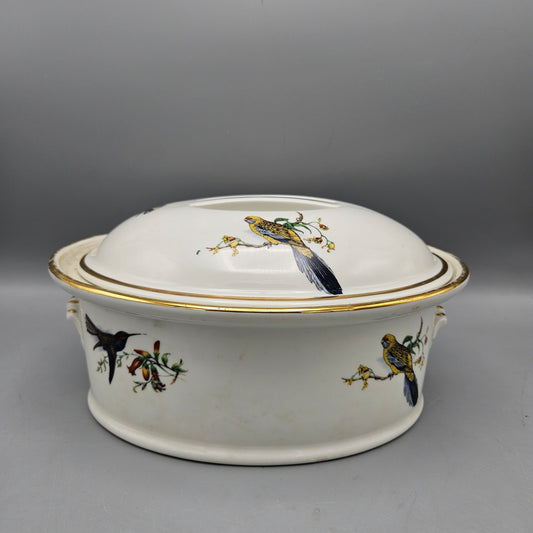 VIntage Pillivuyt Porcelain Lidded Oval Casserole with Bird Decoration