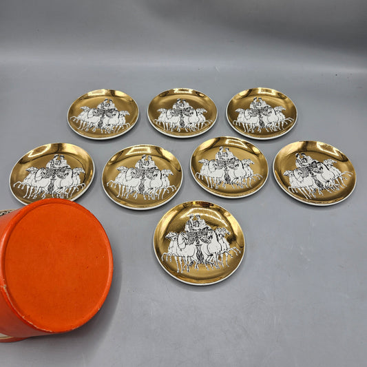 Set of 8 Vintage Fornasetti Milano Golden Roman Chariot Coasters for Saks Fifth Ave