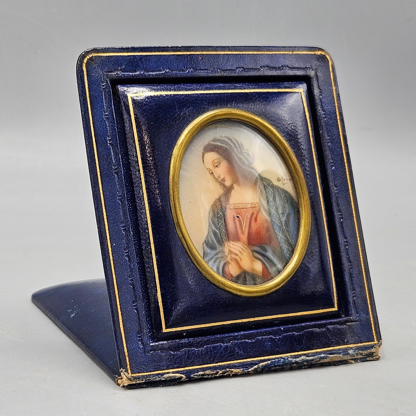 Signed Vintage Miniature Painting Madonna in Folding Leather Frame - Devotional