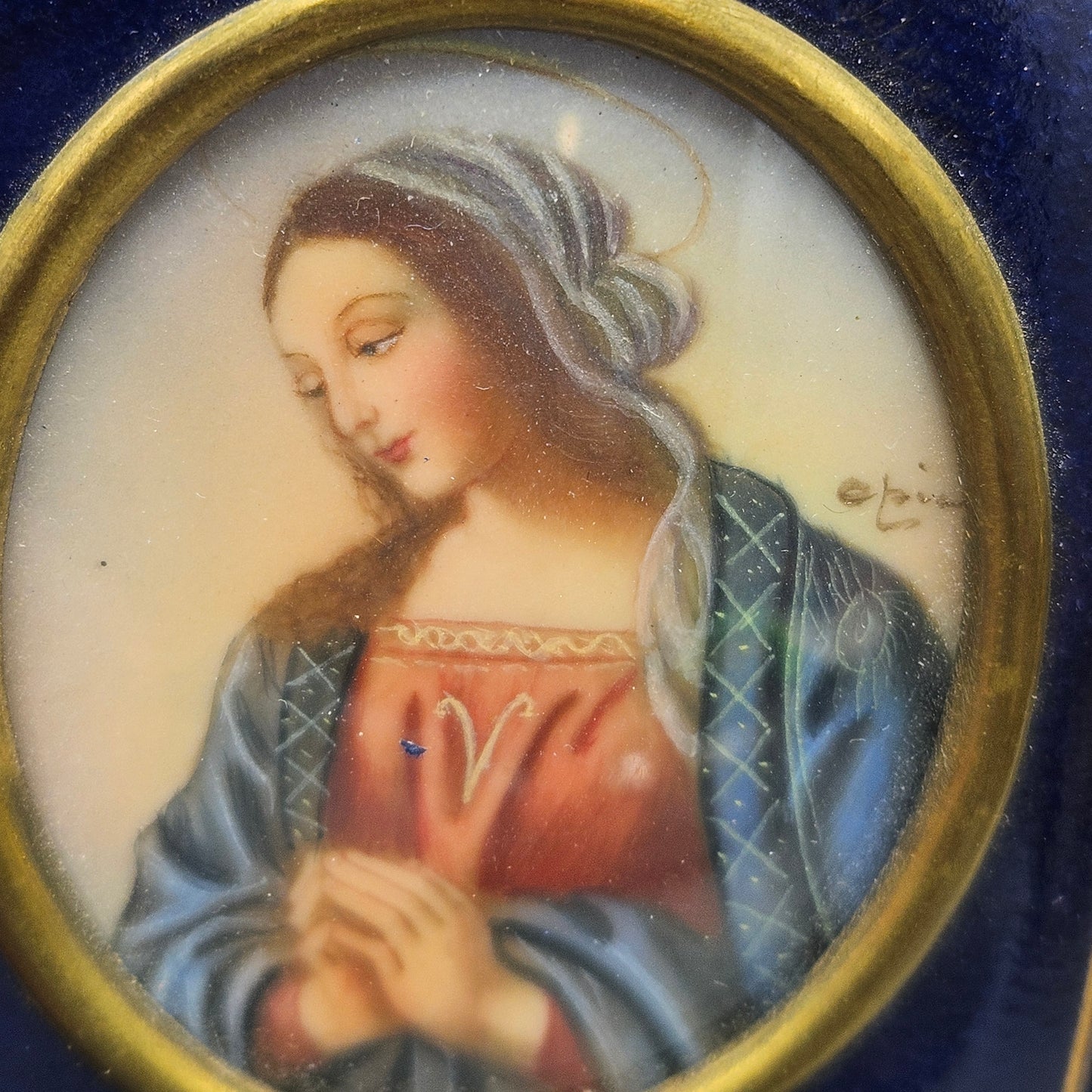 Signed Vintage Miniature Painting Madonna in Folding Leather Frame - Devotional