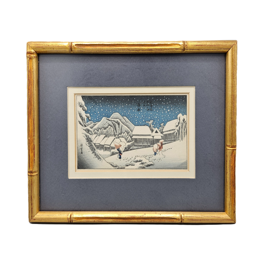 After Hiroshige "Night Snow at Kanbara" Framed Japanese Print in Bamboo Frame