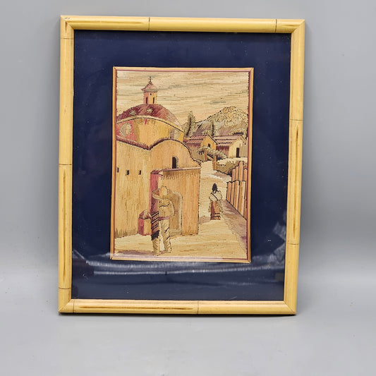 Framed Vintage Mexican Popotillo Straw Art Village Scene Artwork