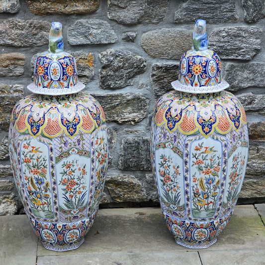 Pair of Vintage Monumental Hand Painted Lidded Jars
