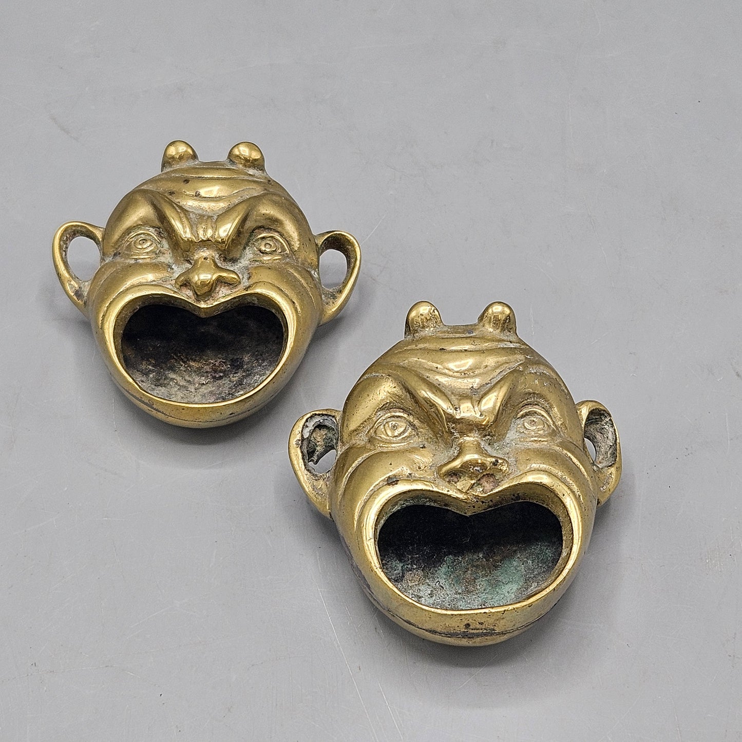 Pair Vintage Brass Devils Head Ashtrays