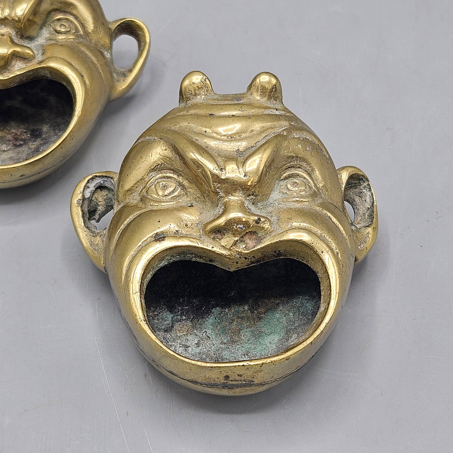 Pair Vintage Brass Devils Head Ashtrays