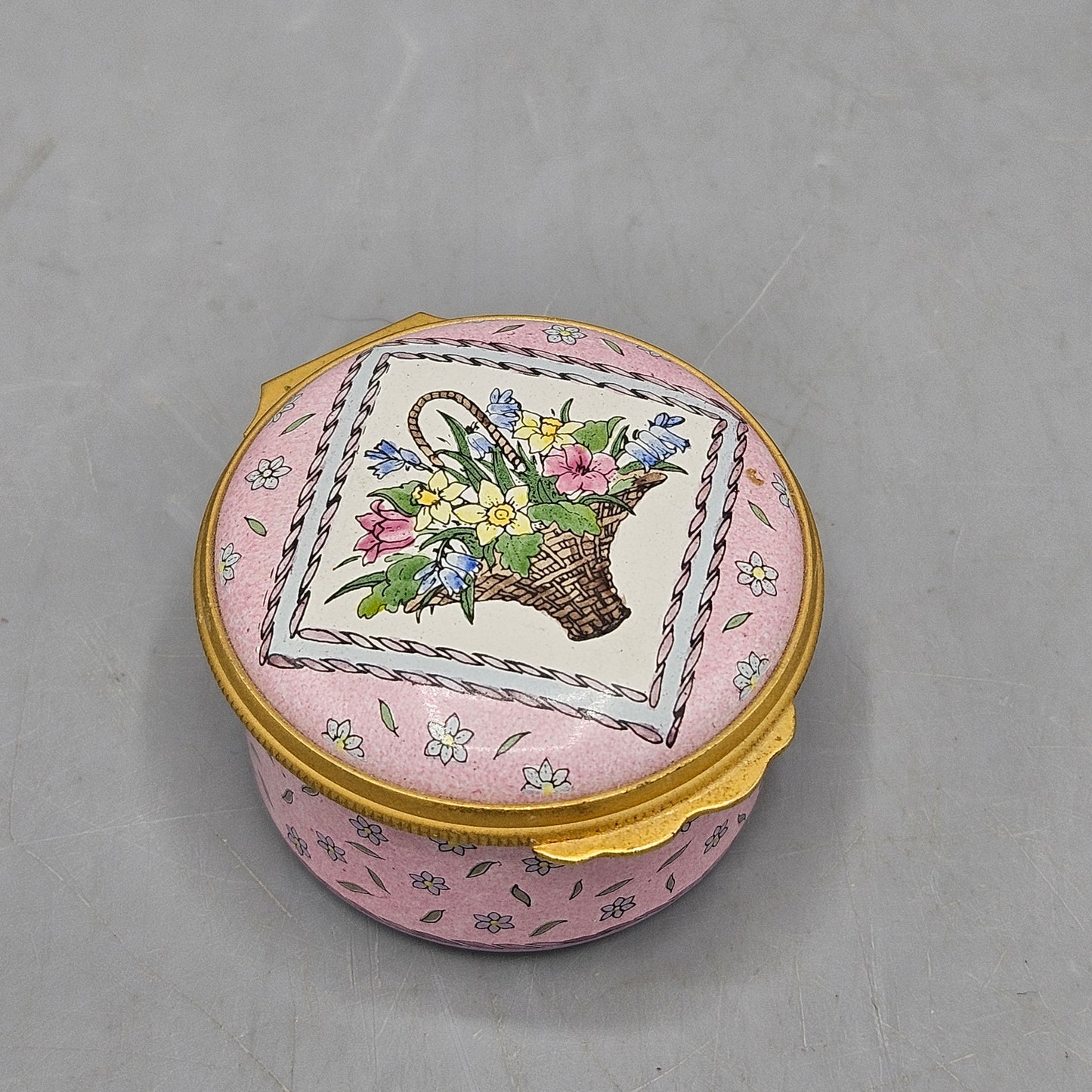 Halcyon Days Enamel Round Box with Flower Basket