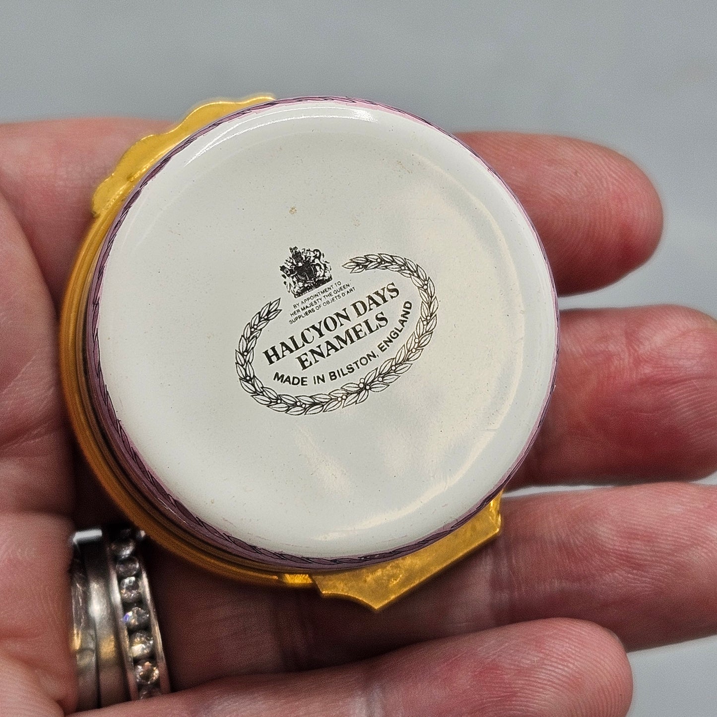 Halcyon Days Enamel Round Box with Flower Basket