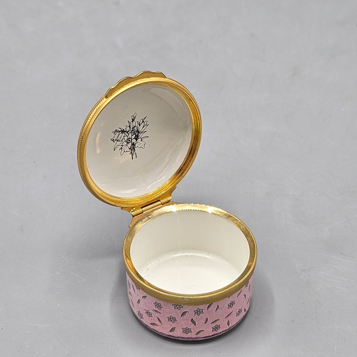 Halcyon Days Enamel Round Box with Flower Basket