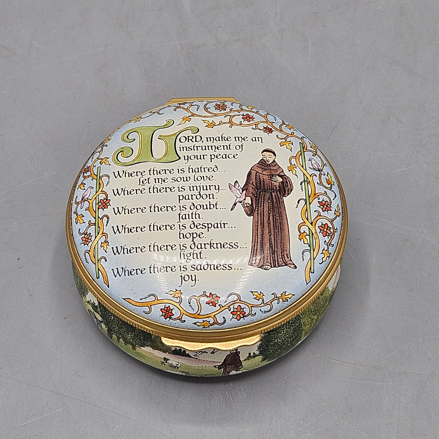 Halcyon Days Enamel for the Horchow Collection St Francis of Assisi Prayer Box