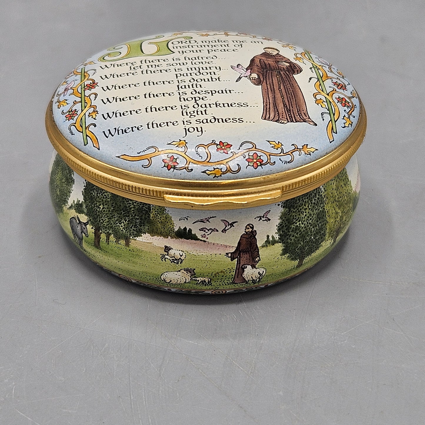 Halcyon Days Enamel for the Horchow Collection St Francis of Assisi Prayer Box