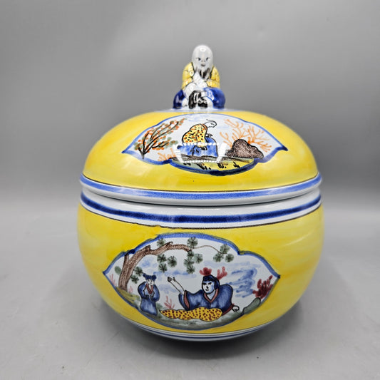 Vintage Yellow & Blue Chinoiserie Style Cache Pot with Lid