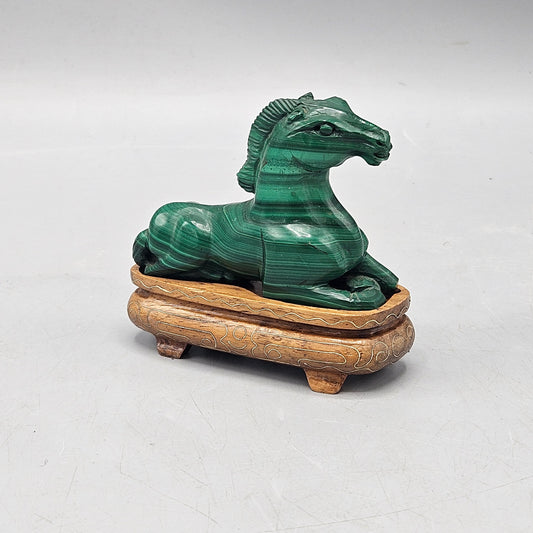 Hand Carved Malachite Horse Figure on Stand