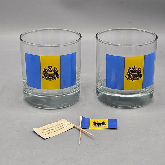 Pair Philadelphia Flag Old Fashioned Tumblers