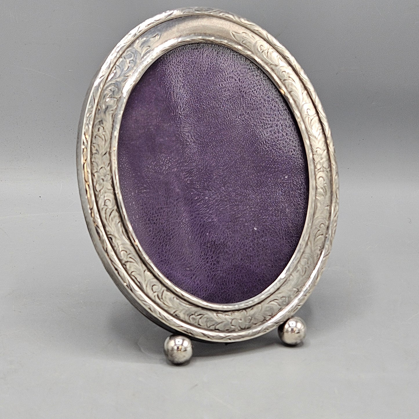 Vintage Sterling Silver Etched Oval Picture Frame with Ball Feet