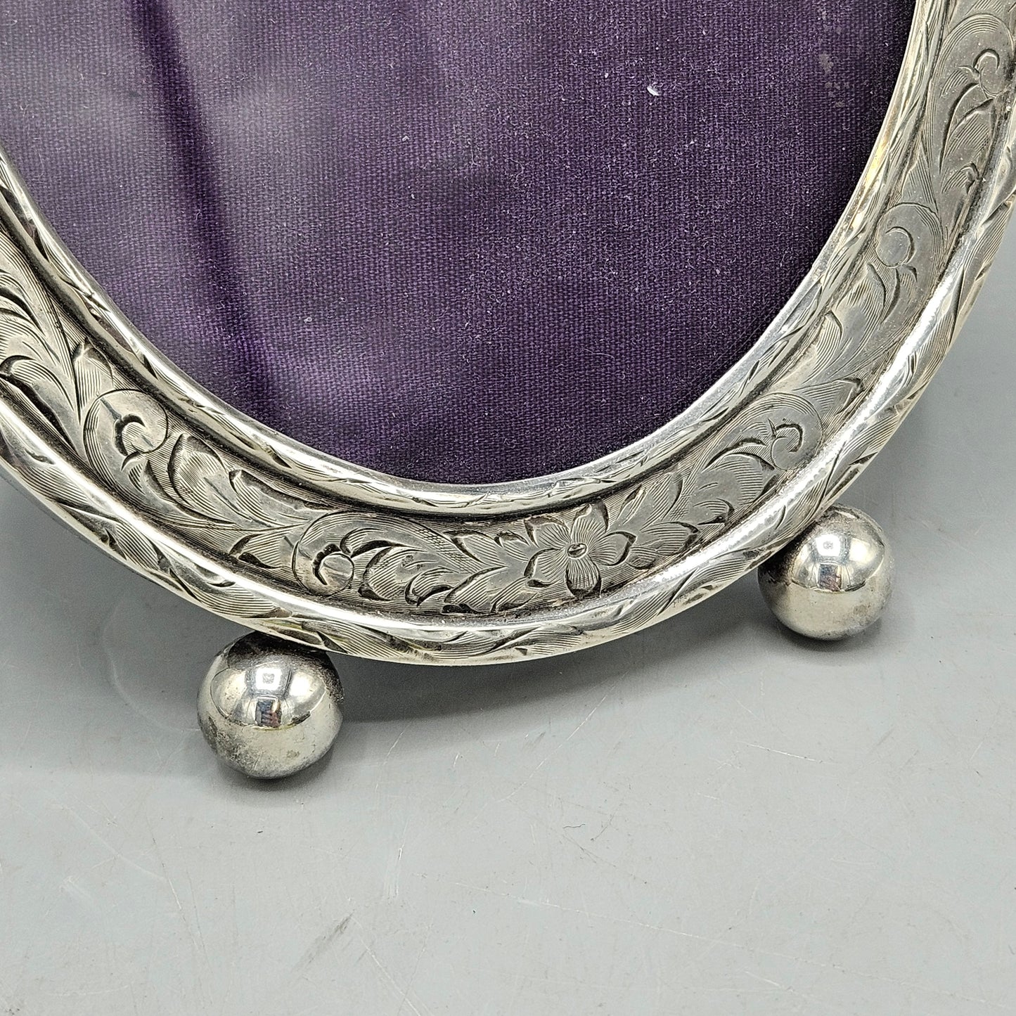 Vintage Sterling Silver Etched Oval Picture Frame with Ball Feet