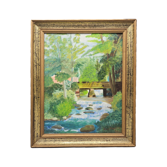 J Roy Marlin Oil on Canvas Painting - Covered Bridge in Landscape