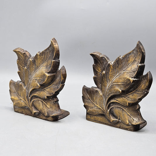 Pair Patinated Brass Leaf Bookends