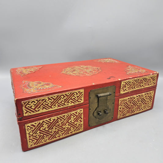 Mahjong Set in Red Lacquer Case - Bamboo and Bone Tiles