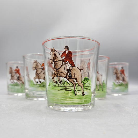 Set of 7 Handpainted Fox Hunting Old Fashioned Glasses