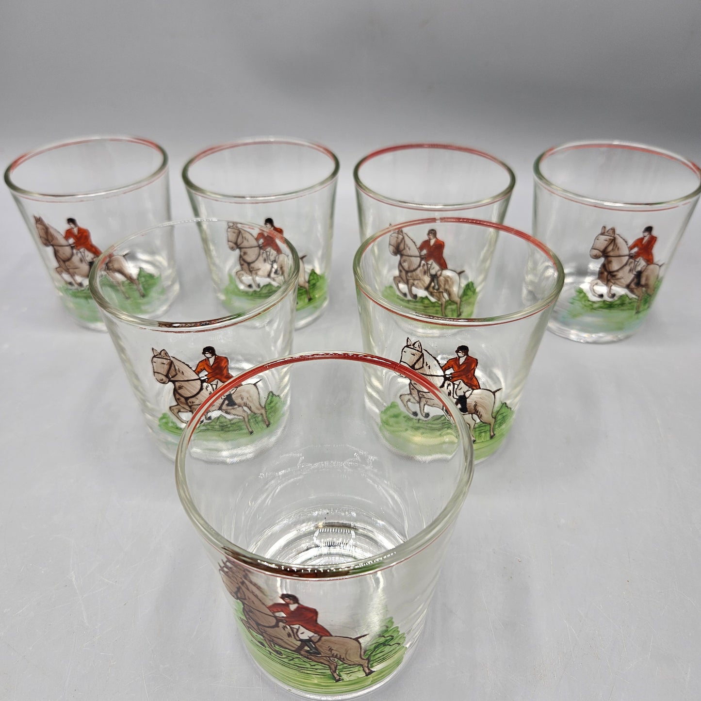 Set of 7 Handpainted Fox Hunting Old Fashioned Glasses